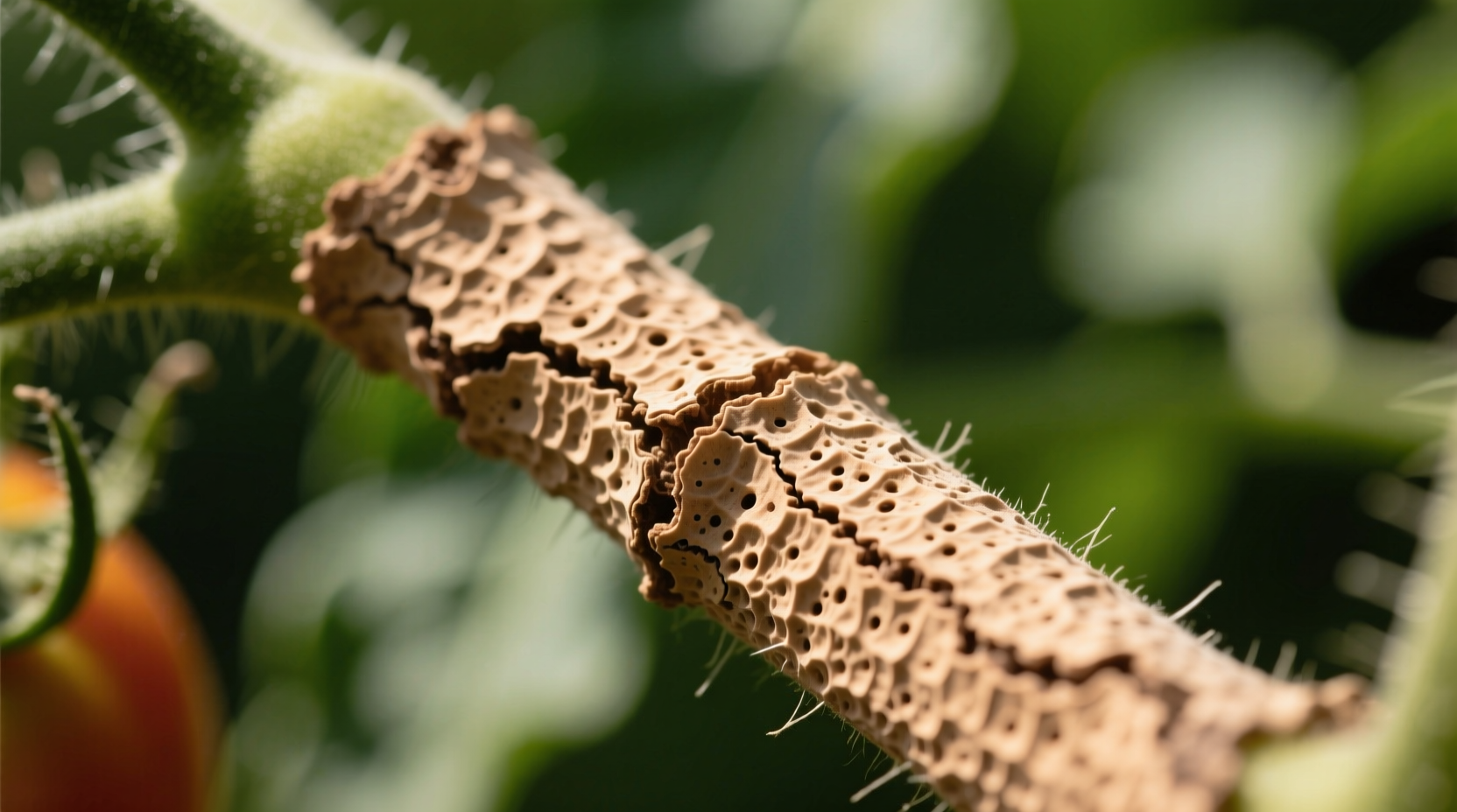 Close-up of natural corking on tomato stem showing tan, raised areas