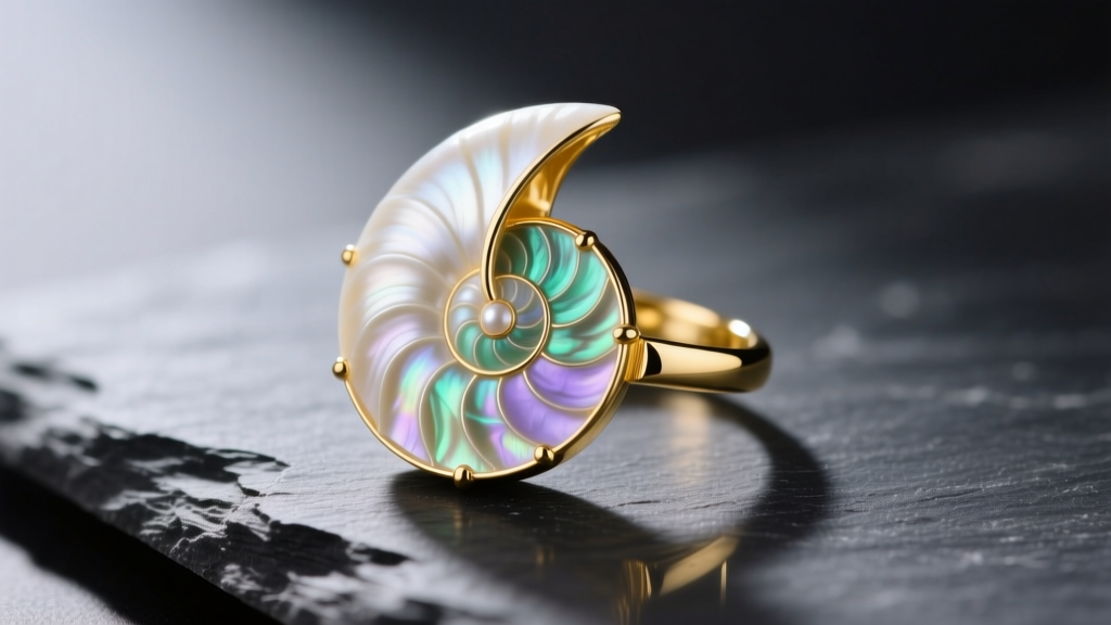 Close-up of a polished nautilus shell pendant set in 14k yellow gold, resting on dark slate, highlighting iridescent nacre layers.