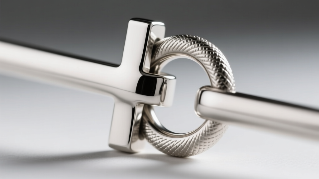 Macro shot of a sterling silver toggle cross bar sliding through a thick O-ring clasp, highlighting the secure fit.