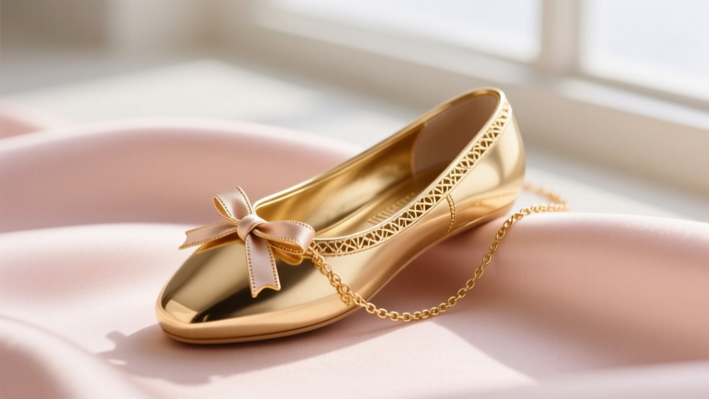 Close-up of a 14k gold ballet slipper necklace on blush silk, highlighting intricate ribbon detailing and a polished, reflective finish.