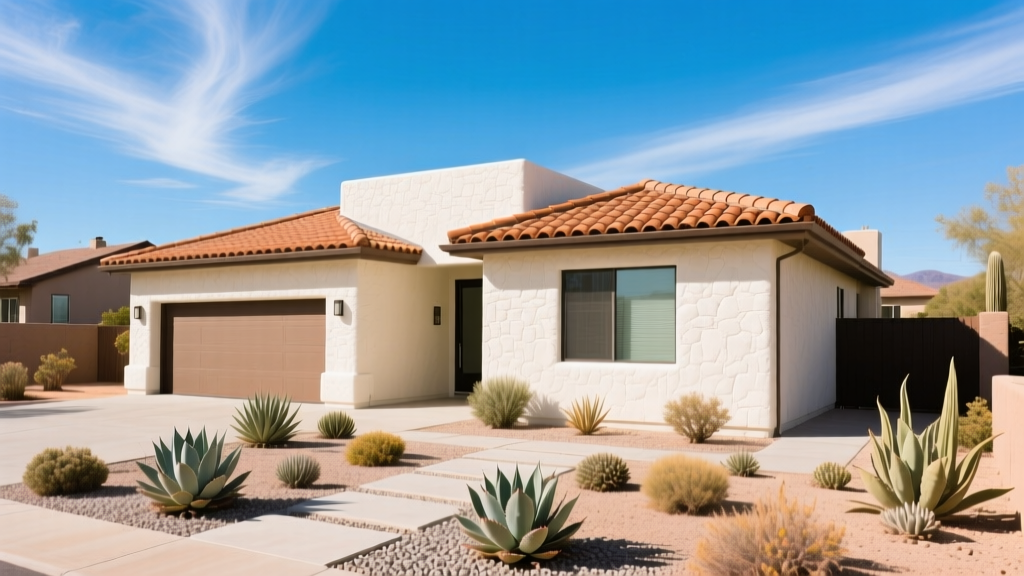 Modern stucco home with clay tile roofing and xeriscaped front yard under a bright blue sky in a Phoenix Arizona suburban development