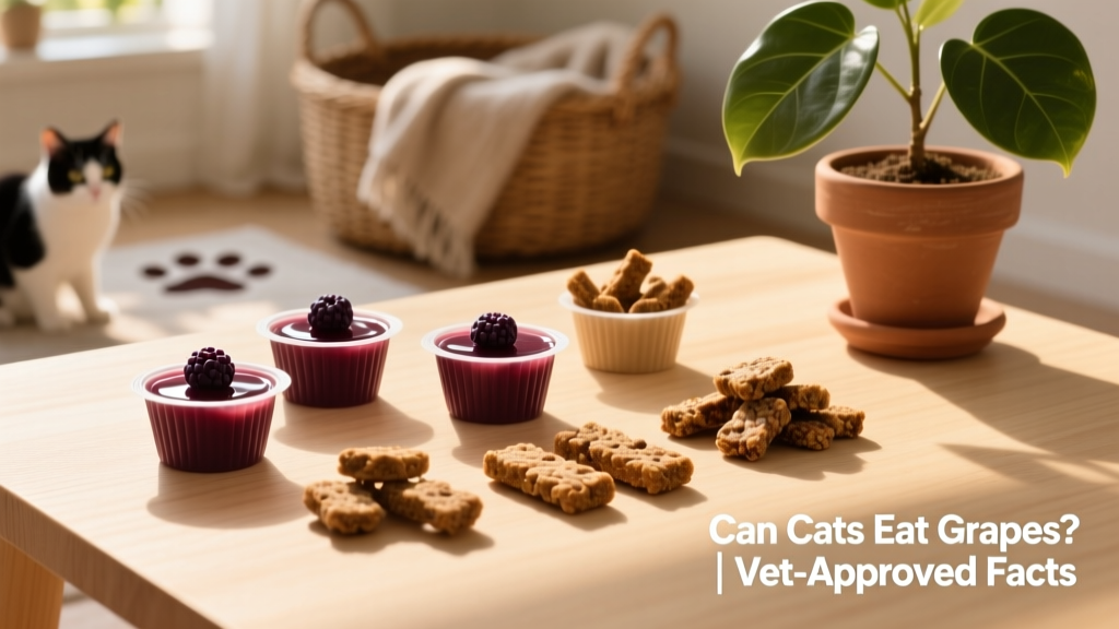 Assortment of safe cat treats including berry-flavored lickable cups and grain-free crunchy bites on a clean surface