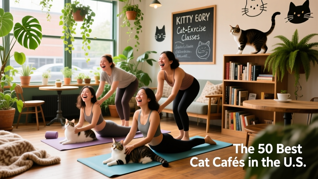 A group of guests laughing during a 'Kitty Yoga' session at a bright, plant-filled cat café