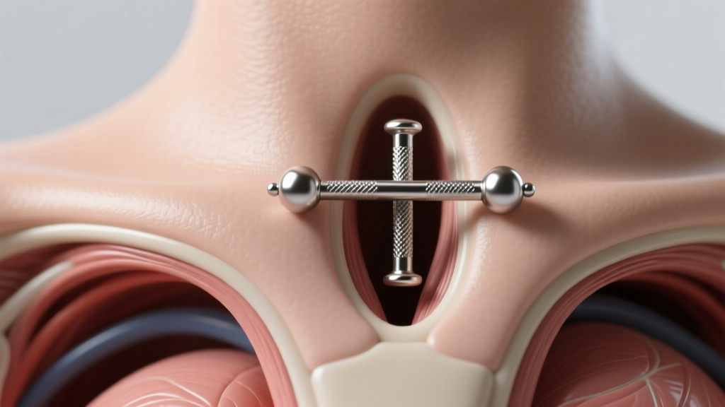 Clinical anatomical diagram showing the precise placement of a christina piercing surface barbell at the top of the pubic cleft.