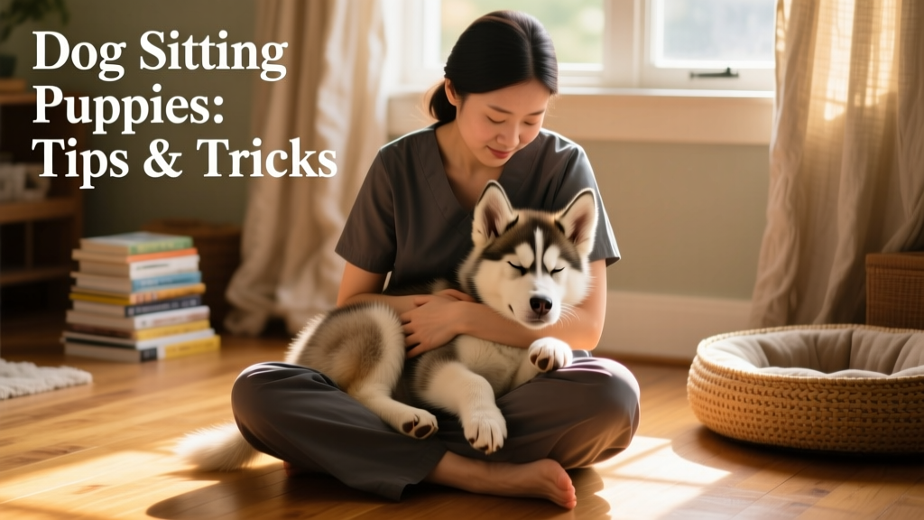 A caregiver sitting on the floor with a husky puppy resting comfortably in their lap