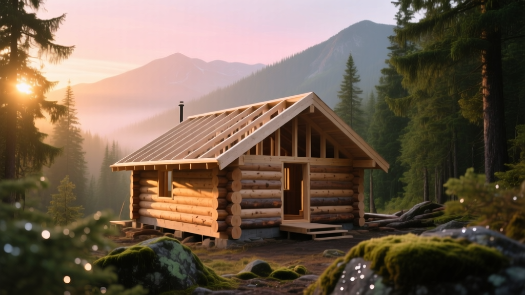 Partially constructed Eastern White Pine D-log cabin with a simple gable roof set against a forested mountain backdrop at sunrise.