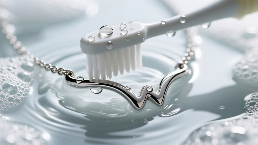 Toothbrush cleaning a silver W necklace in soapy water, bright macro lighting, detailed jewelry shot, realistic water textures.