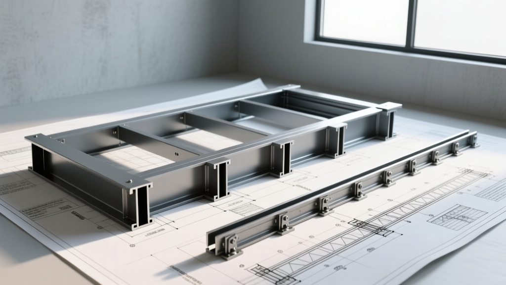 Technical blueprint of steel building framing systems showing C-channel studs, tracks, and bridging with precise annotations