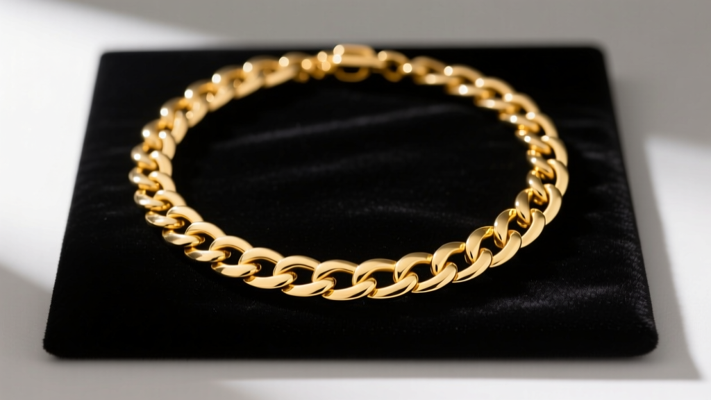 14k yellow gold Cuban chain link necklace on dark velvet, highlighting flattened interlocking links in soft studio light.