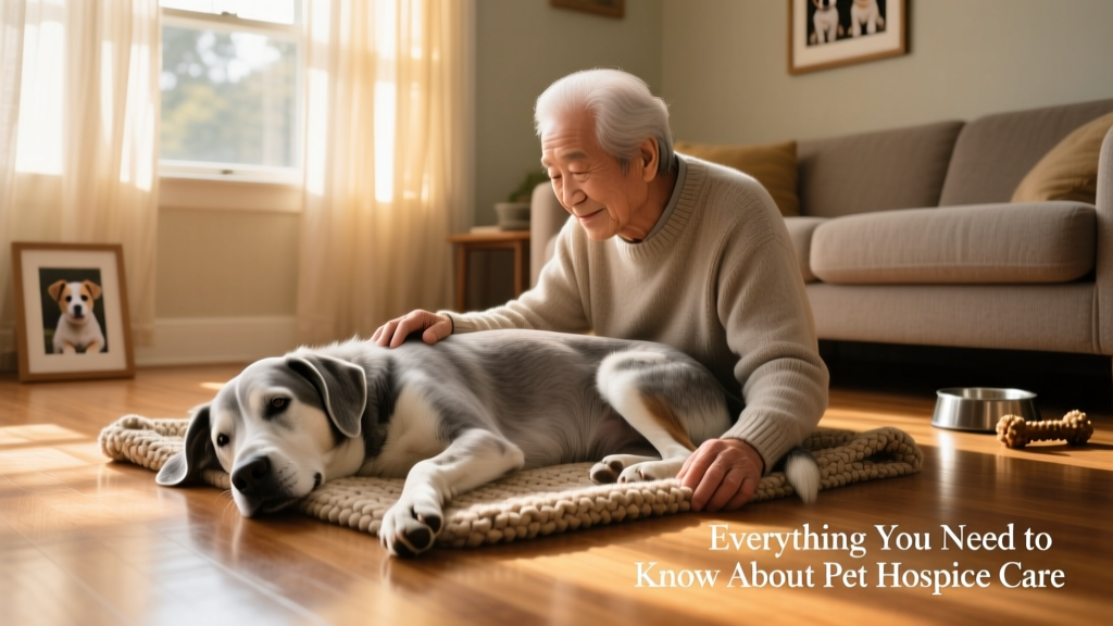 Calm senior dog lying beside their owner on a sunlit living room floor