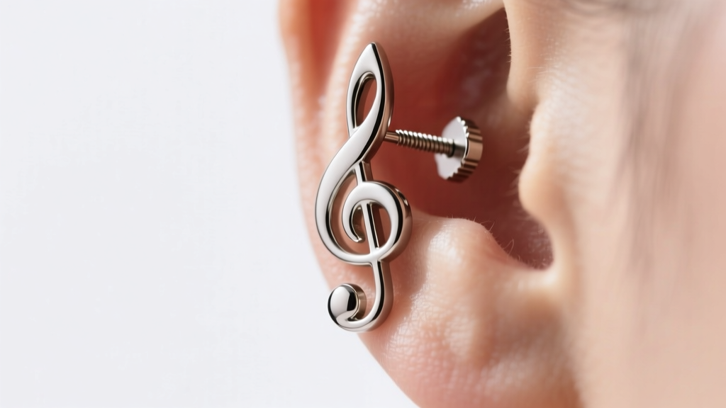 Side profile of a titanium treble clef earring on an earlobe, showing the secure screw-back post mechanism and polished metal finish.