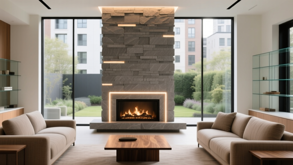 Modern living room featuring a floor-to-ceiling fireplace clad in warm gray manufactured interior veneer stone with tight stacked joints and recessed lighting