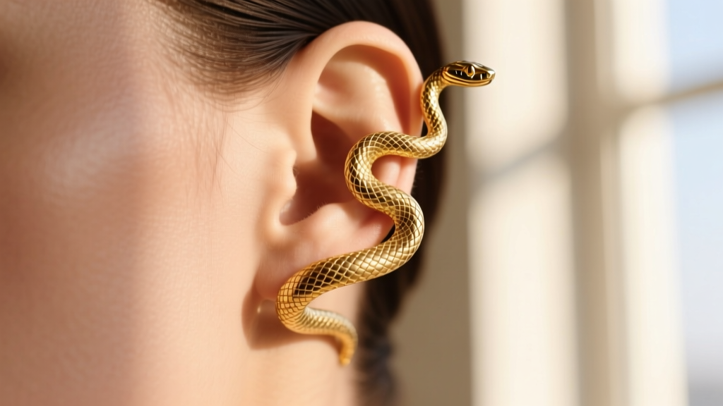 Close-up of a stylized 14k gold snake ear cuff wrapping around a model's upper helix cartilage, studio lighting, dark background.