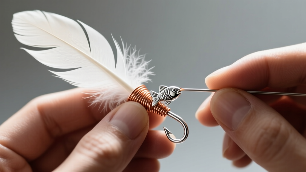 Close-up of a jeweler wire-wrapping a white guinea fowl feather with 24-gauge copper wire to a sterling silver fishhook finding.