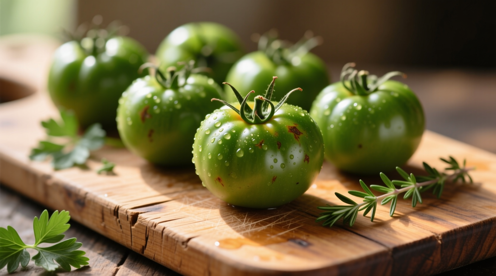 Fresh green tomatoes on wooden cutting board
