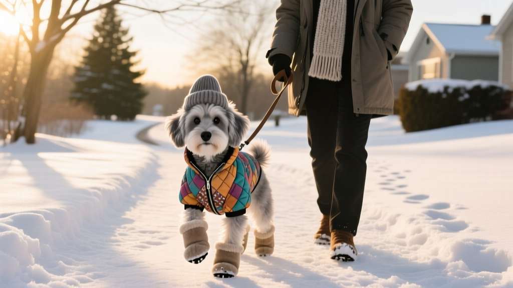 A small dog wearing fleece booties and a quilted jacket, standing confidently on a snowy path beside its owner