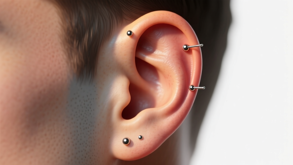 Anatomical diagram of a male ear highlighting the helix, tragus, and conch with precise 16-gauge piercing placement markers.