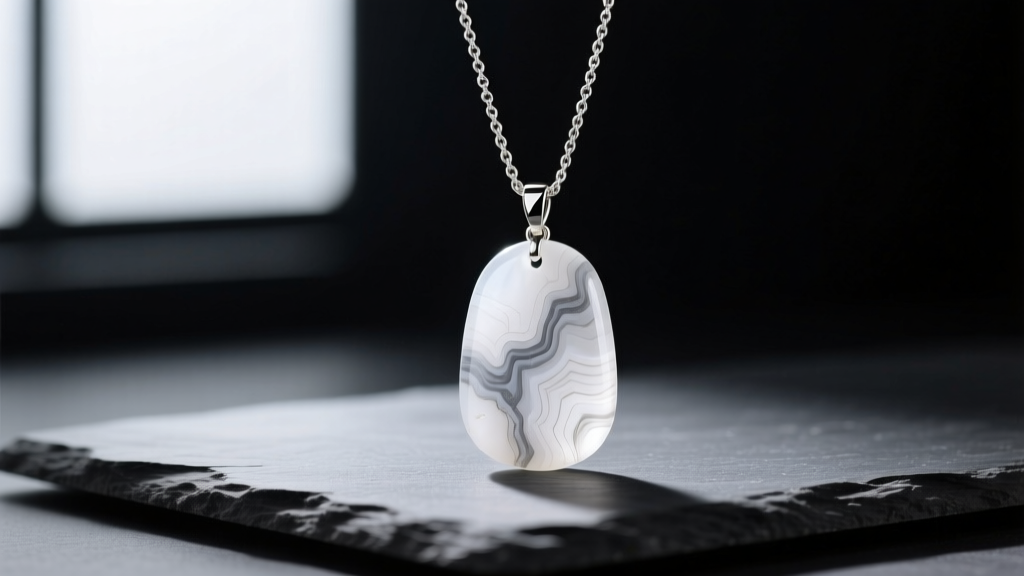 White howlite pendant on a silver chain resting on dark slate, showing grey matrix veining under soft directional lighting.