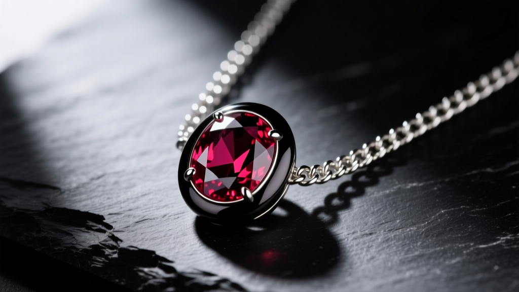 4mm silver Cuban chain holding a dark bezel-set oval cabochon ruby pendant on dark slate, captured in moody macro lighting.