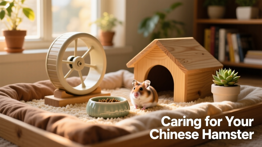 Well-furnished Chinese hamster habitat showing layered bedding, wooden hideouts, a large solid-surface wheel, and a ceramic dish