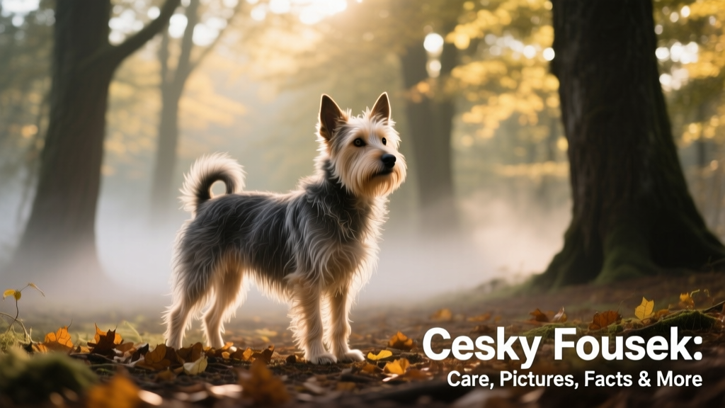 Cesky Fousek standing alert in a forest clearing, showcasing its wiry coat and focused expression