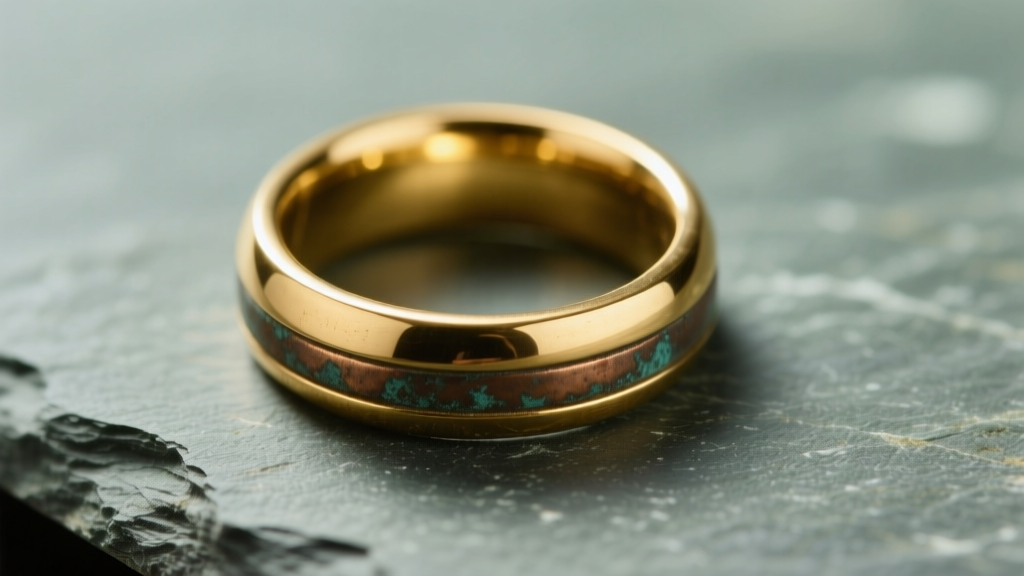 Macro photo of a gold plated brass ring on slate showing bright gold on top and oxidized brass at the edge under soft light