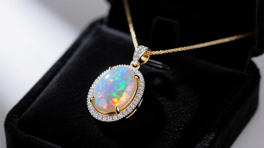 Elegant 14k white gold necklace featuring a luminous oval Ethiopian opal pendant resting on a dark velvet jewelry display pad.