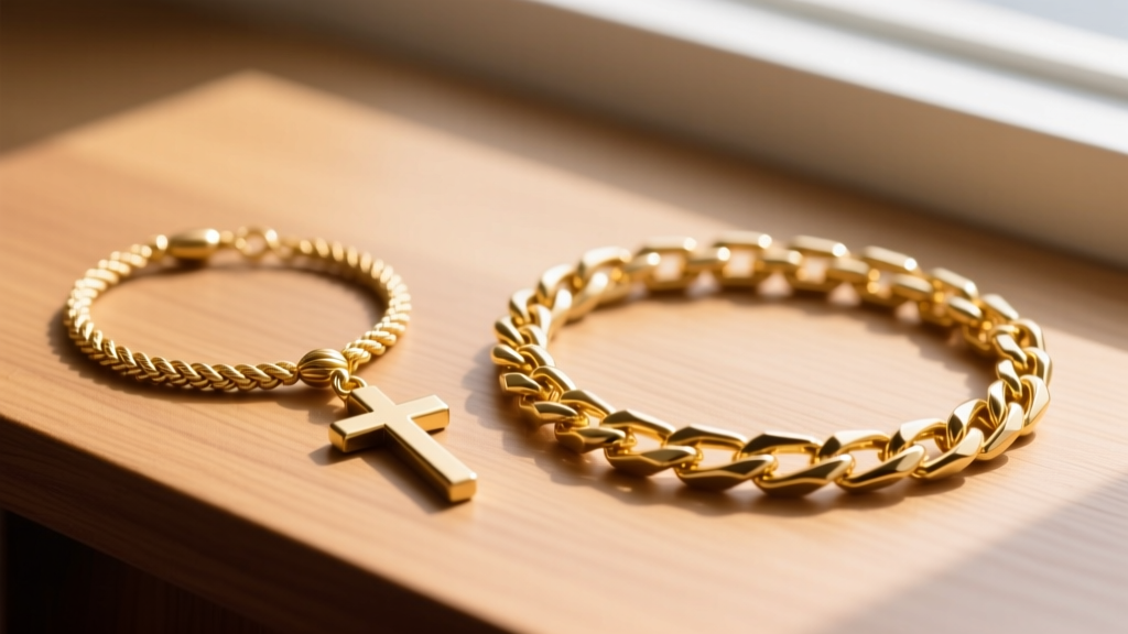 1.2mm 14kt gold rope rosary on wood, next to a heavier 2.5mm box chain rosary, both illuminated by bright natural window light.