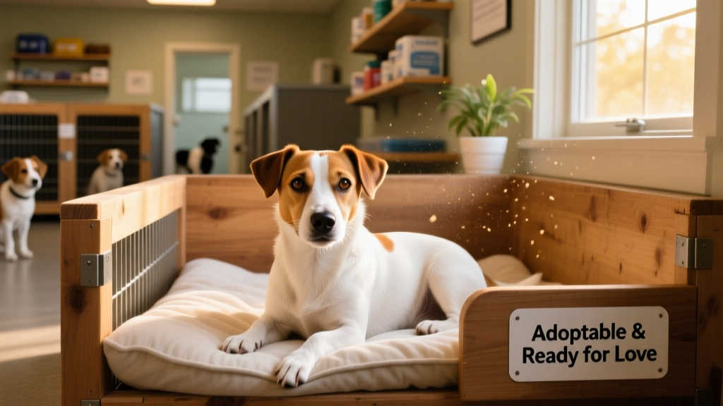 A calm, well-cared-for Jack Russell Terrier resting in a cozy indoor kennel at a reputable rescue facility