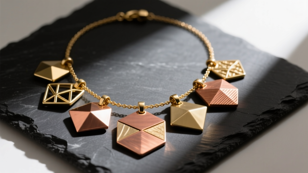 Flat lay of American showcase necklace featuring recycled brass and copper mixed-metal geometric pendants on a dark slate surface.