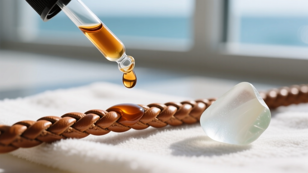 Dropper applying amber leather conditioner to a braided leather cord on a microfiber cloth, beside a piece of frosted sea glass.
