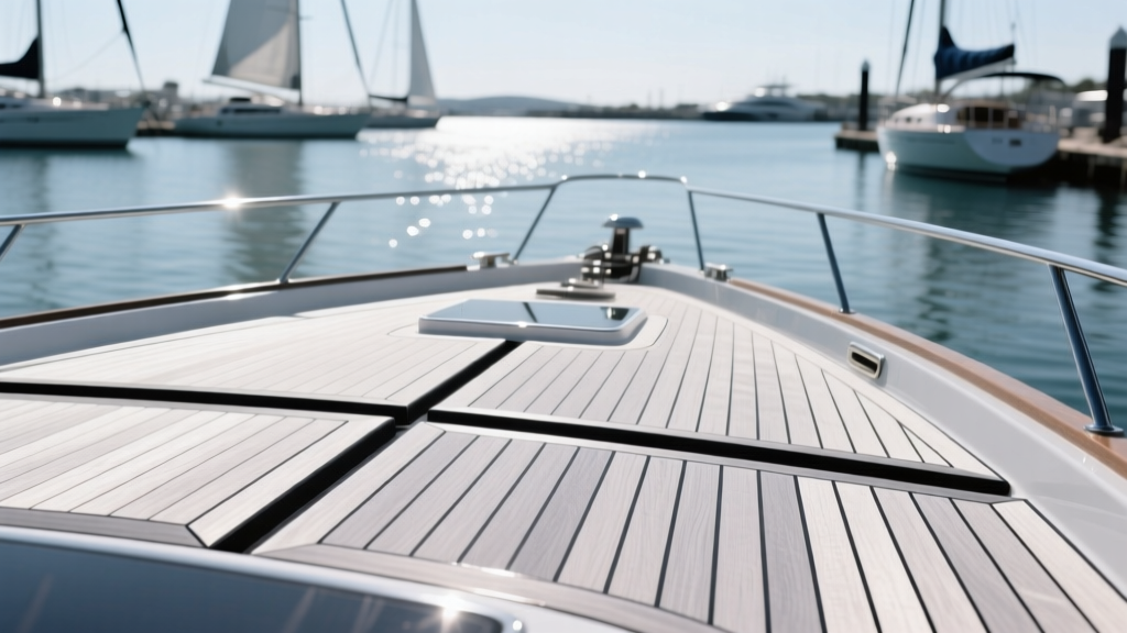 Close-up of a luxury yacht aft deck featuring a seamless light-grey synthetic teak surface with black caulking lines, moored at a sunny marina