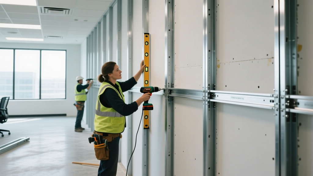 Crew installing 20-gauge galvanized cold-formed steel studs and deflection tracks for a commercial interior partition wall