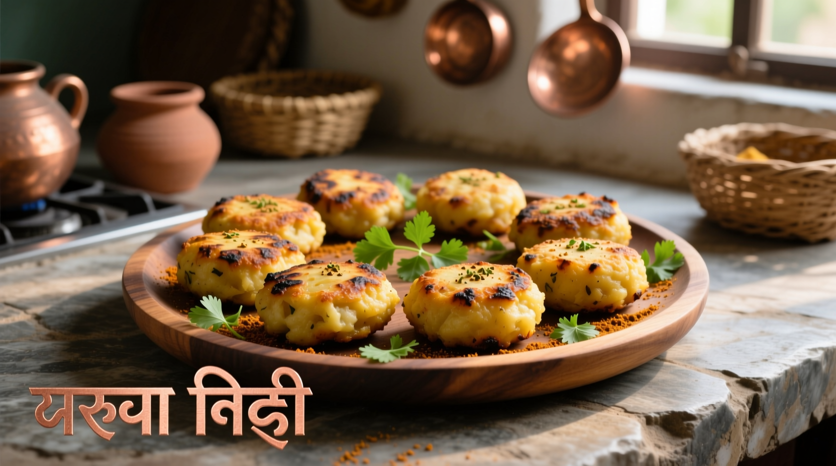 Golden potato tikki patties on serving platter