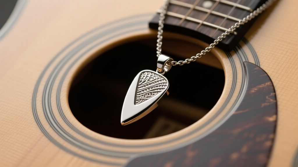 Close-up of a brushed titanium pick holder necklace pendant resting on a vintage acoustic guitar soundhole, warm studio lighting