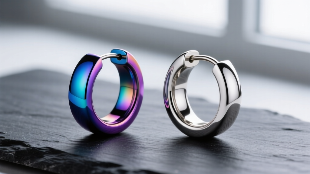 Side-by-side comparison of anodized niobium and implant-grade titanium seamless hoop earrings resting on a dark textured slate.