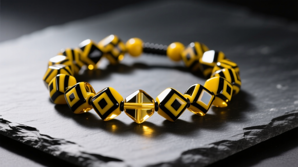A strand of recycled Krobo powder glass beads in yellow and black kante patterns, resting on dark slate under natural light.