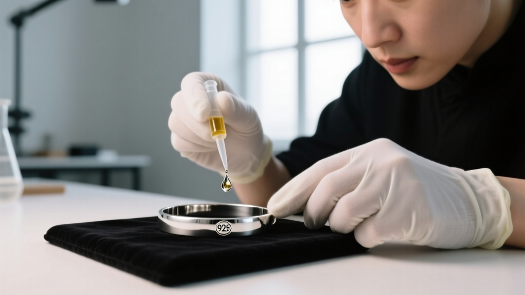 Jeweler applying acid testing solution to a discreet scratch on a silver bracelet to verify the authenticity of a 925 hallmark