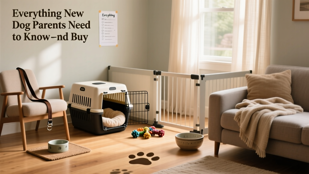 A calm, well-organized puppy-safe zone with a crate, soft bedding, chew toys, and a low gate separating it from the rest of the living room