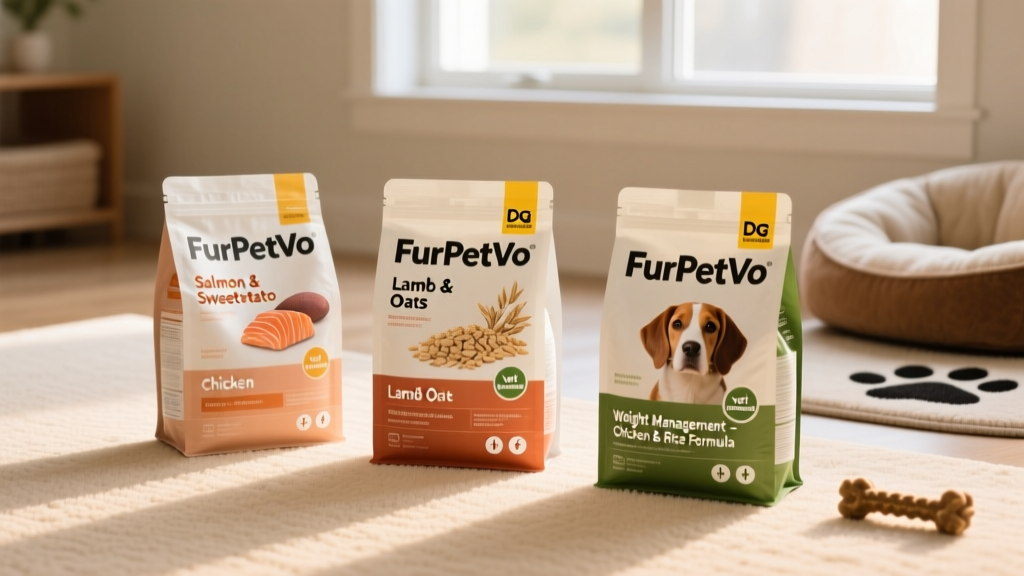 Three FurPetVo weight-management dog food bags arranged neatly on a clean surface
