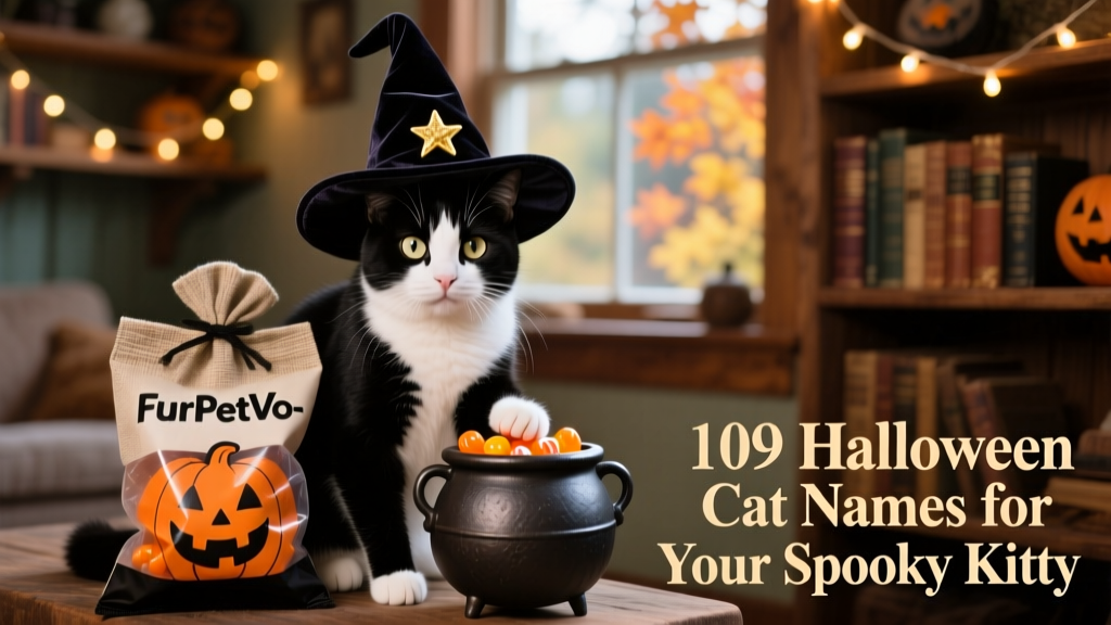 A playful tuxedo cat wearing a tiny, soft velvet witch hat beside a FurPetVo-branded Halloween treat bag and a mini cauldron