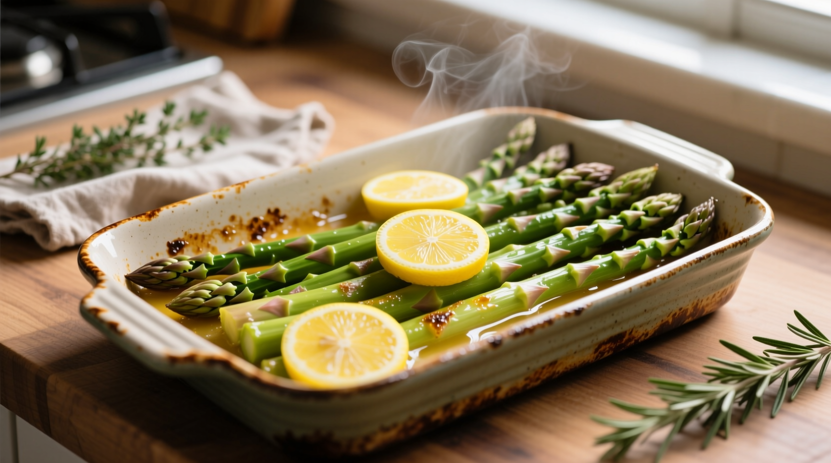 Fresh asparagus roasting in oven with lemon slices