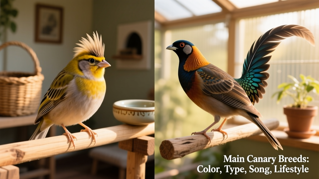 Side-by-side comparison of a Gloster canary with a crested head and a Belgian Waterslager perched on adjacent perches, highlighting contrasting body shapes and feather textures