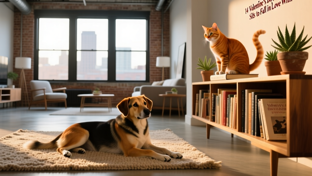 A stylish Chicago loft interior with a large mixed-breed dog resting on a rug and a curious orange tabby cat perched on a bookshelf