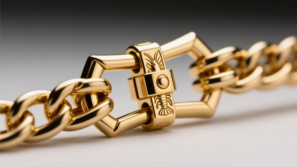 Macro photography of a secure 14k gold lobster clasp attached to a thick wheat chain link, showing the soldering and mechanism.