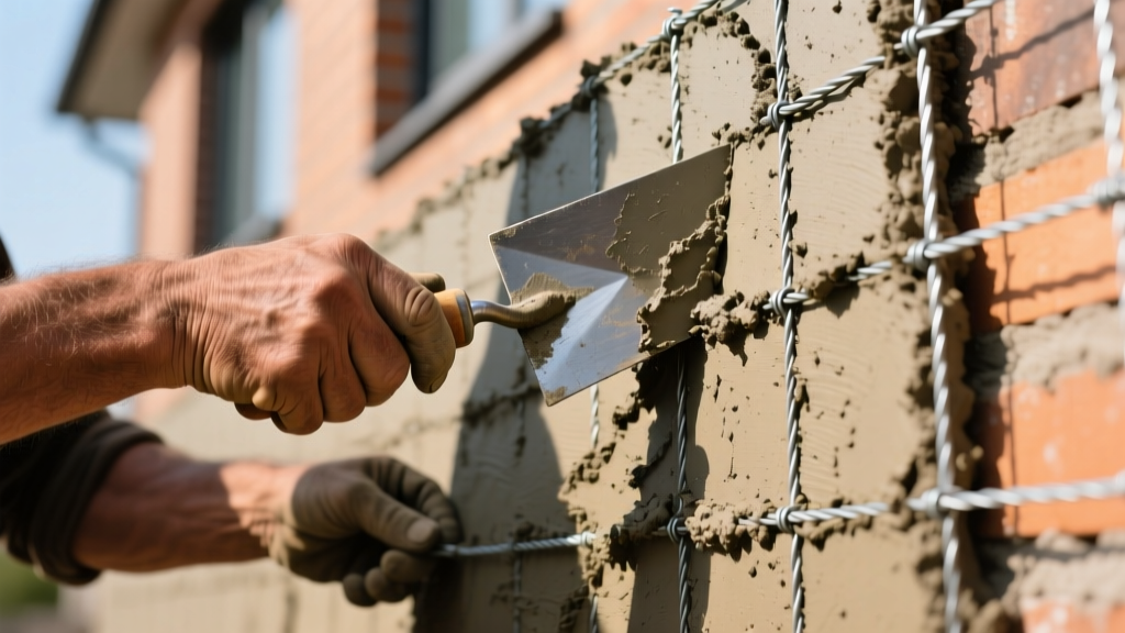 Close-up of a mason using a notched trowel to apply a textured mortar scratch coat over wire lath on an exterior wall