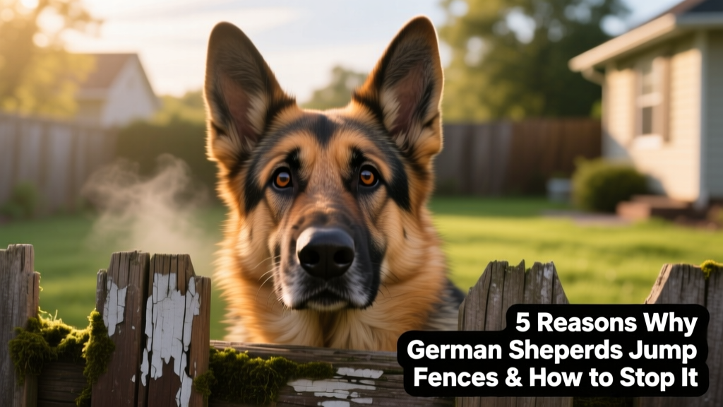 Close-up of a German Shepherd’s face looking over a fence, ears forward and expression curious and engaged
