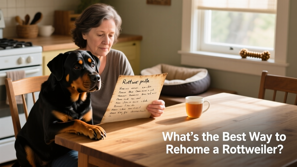 A person reviewing a thoughtful, handwritten profile sheet for their Rottweiler on a kitchen table