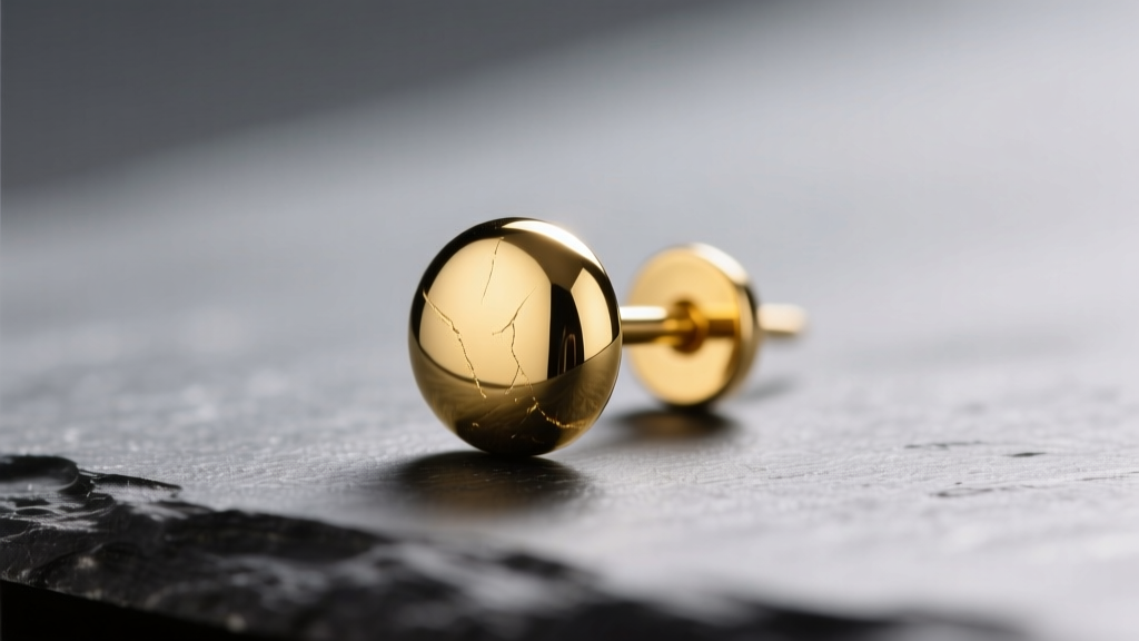 Macro shot of an 8mm solid 14k yellow gold dome stud earring on dark slate, showing high polish and metallic reflection.