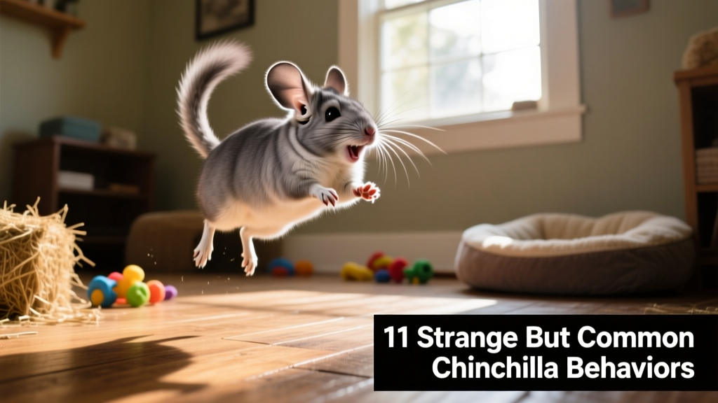 A chinchilla mid-air during a joyful hop, paws extended, tail slightly raised